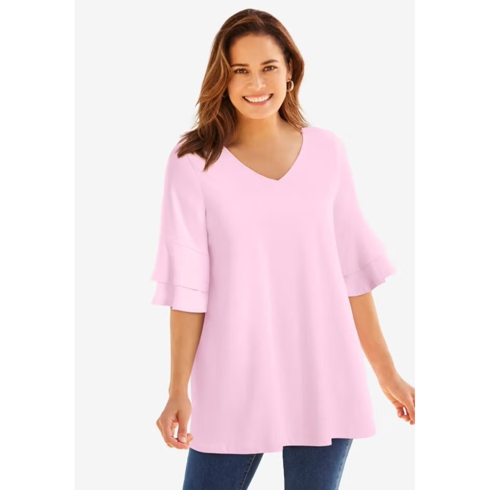 Woman Within Womens Pink V-Neck Ruffle Bell Sleeve Knit Tunic‎ Top M 14/16